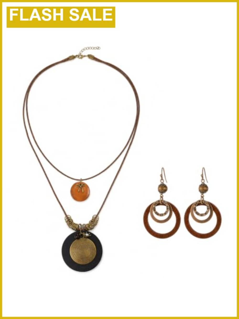 Boho Wooden Disc Earrings & Layered Necklace Jewelry Set Handmade